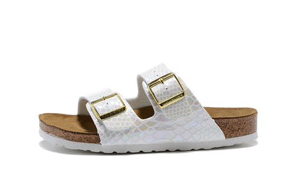Birkenstock White Snakeskin Double Buckle Leather Sandals