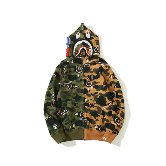 A Bathing Ape BAPE Shape-Shifting Shark Head Camouflage Matching Color Hoodie Green And Yellow