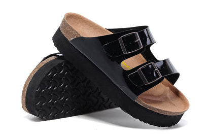 Birkenstock Two-Button Black Patent Leather Thick Black Sole Slippers
