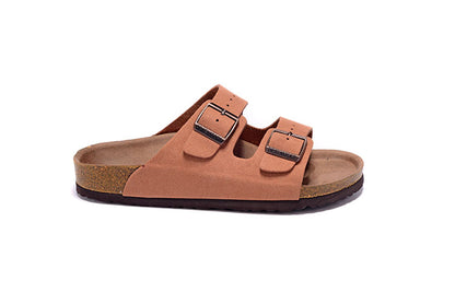Birkenstock Two-Button Pinkish-Orange Scrub Leather Slippers