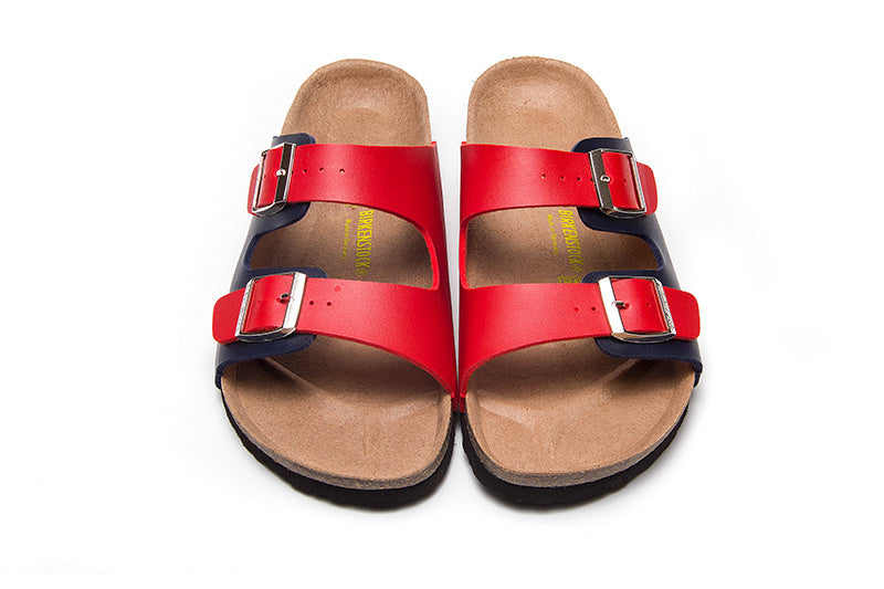 Birkenstock Two-Button Red And Black Matte Leather Slippers