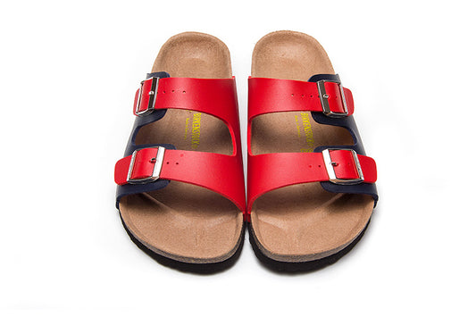 Birkenstock Two-Button Red And Black Matte Leather Slippers