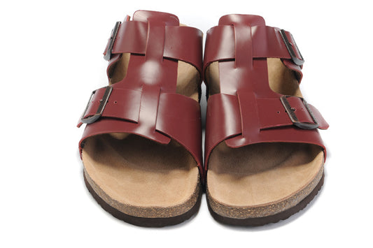 Birkenstock Two-Button Vermilion Red Matte Leather Personality Slippers