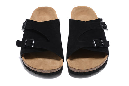 Birkenstock Two Buttons Black Scrub Leather Fashion Slippers