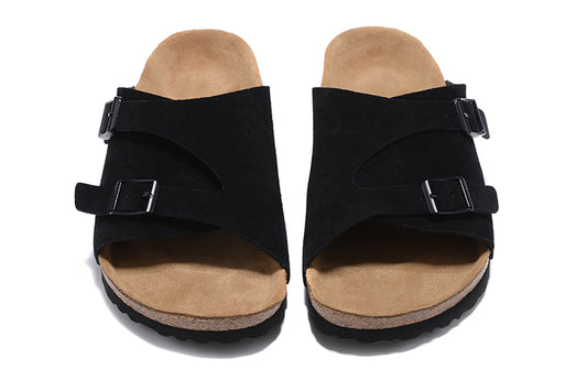 Birkenstock Two Buttons Black Scrub Leather Fashion Slippers