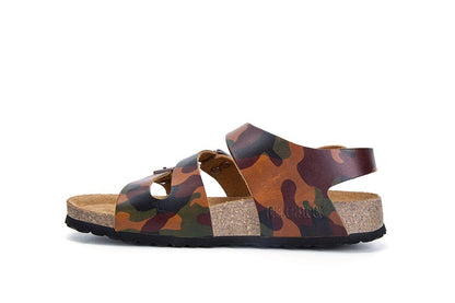 Birkenstock Ellice Three-Button Brown Camouflage Matte Leather Strappy Sandals