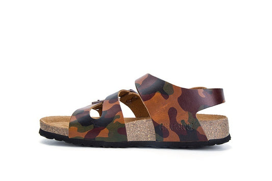 Birkenstock Ellice Three-Button Brown Camouflage Matte Leather Strappy Sandals