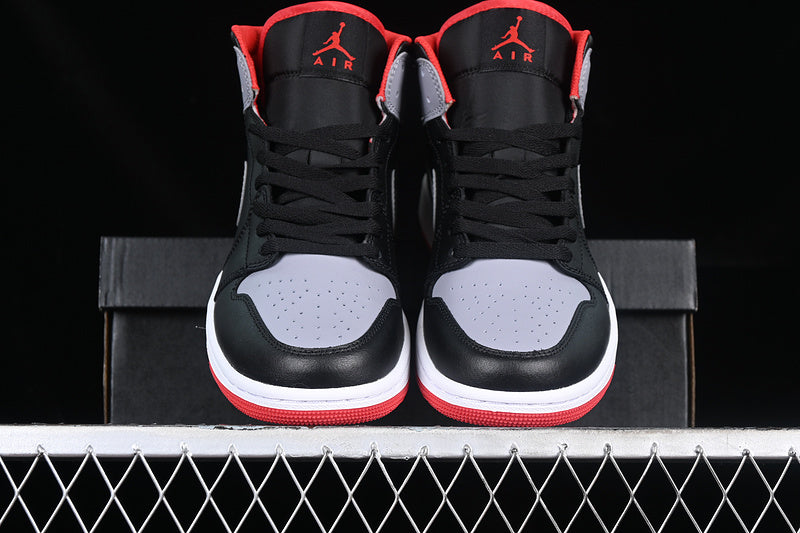 Nike Air Jordan 1 Mid Black Cement Grey Fire Red Sole Sneakers