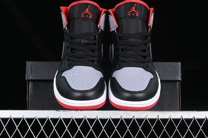 Nike Air Jordan 1 Mid Black Cement Grey Fire Red Sole Sneakers
