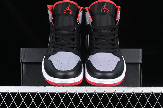Nike Air Jordan 1 Mid Black Cement Grey Fire Red Sole Sneakers