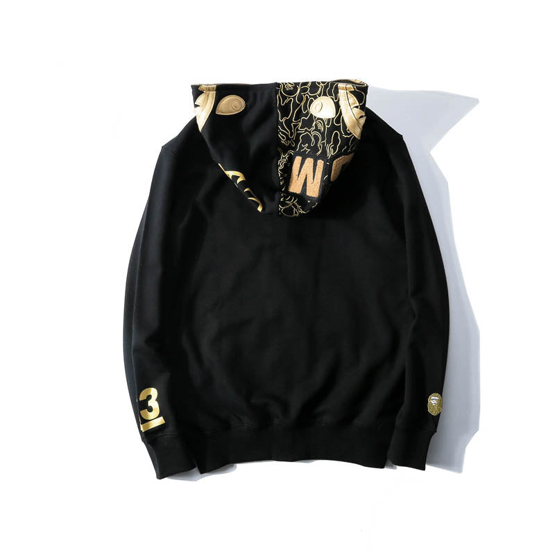 A Bathing Ape BAPE Black Gold Embroidered Shark Head Pocket Printed Hoodie Jacket