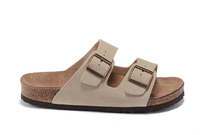 Birkenstock Two-Button khaki Scrub Leather Slippers
