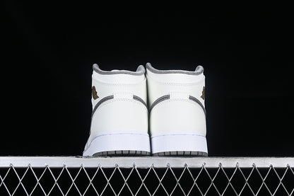 Nike Air Jordan 1 Mid SE GS Metallic Gold Grey White Sneakers