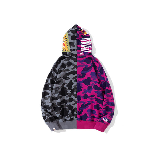 A Bathing Ape BAPE Tiger Head Patchwork Camouflage Hoodie Purple And Gray