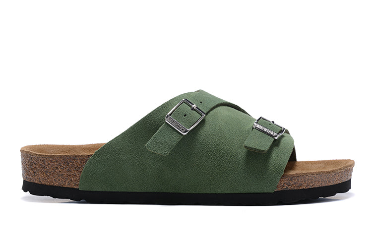 Birkenstock Two Buttons Green Scrub Leather Fashion Slippers