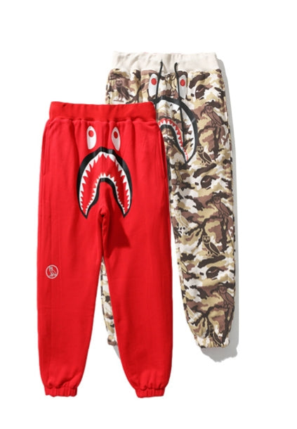 A Bathing Ape Shark Head Camouflage Patchwork Double Face Wear Trousers Red