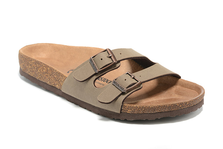 Birkenstock Two Buckle Thin Belt Light Brown Scrub Leather Slippers