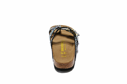 Birkenstock Black Snakeskin Reflective Double Buckle Toe-Loop Leather Sandals