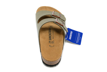 Birkenstock Two-Button Gray Green Scrub Leather Slippers