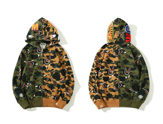 A Bathing Ape BAPE Shape-Shifting Shark Head Camouflage Matching Color Hoodie Green And Yellow