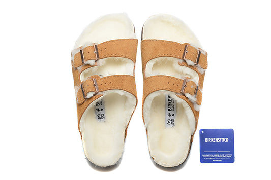 Birkenstock Two-Button Brown Scrub White Fleece Lined Leather Slippers