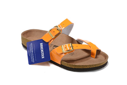 Birkenstock Two-Button Ringfinger Orange Patent Leather Slippers