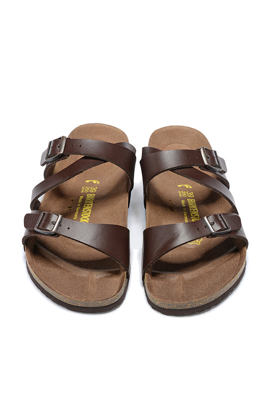Birkenstock Two-Button Brown Matte Leather Intersect Black Sole Slippers