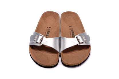 Birkenstock Single Button Silver Matte Leather Slippers
