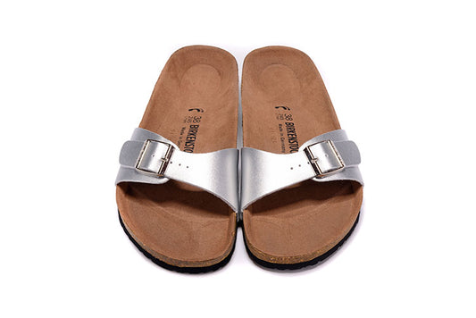 Birkenstock Single Button Silver Matte Leather Slippers