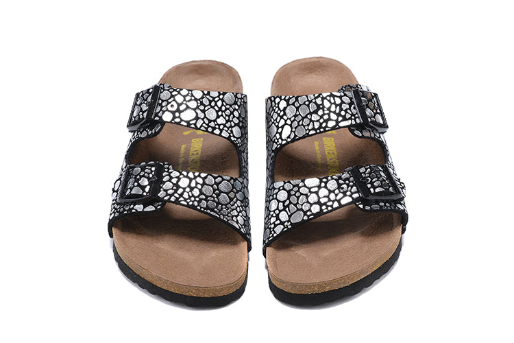 Birkenstock Two-Button Black Metal Stone Matte Leather Slippers