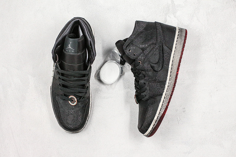 Nike Air Jordan 1 CLOT Mid Fearless Copper Coins Double-Deck Black Silk Tearable Version Sneakers