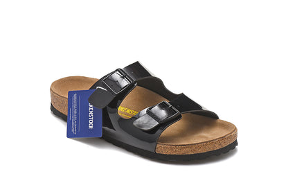 Birkenstock Two-Button Black Patent Leather Slippers