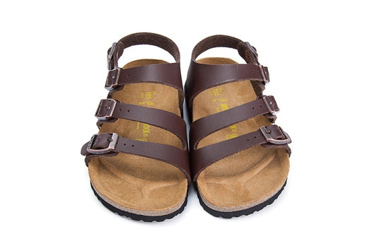 Birkenstock Ellice Three-Button Brown Matte Leather Strappy Sandals