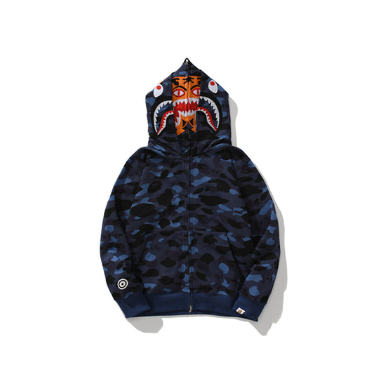 A Bathing Ape BAPE Shark Head Tiger Head Joint Edition Double Hat Camouflage Blue Hoodie