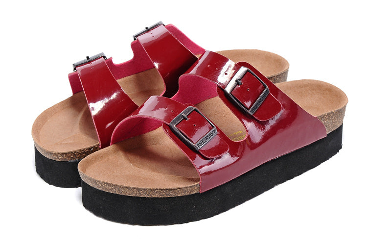 Birkenstock Two-Button Red Patent Leather Thick Black Sole Slippers