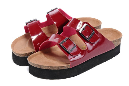 Birkenstock Two-Button Red Patent Leather Thick Black Sole Slippers