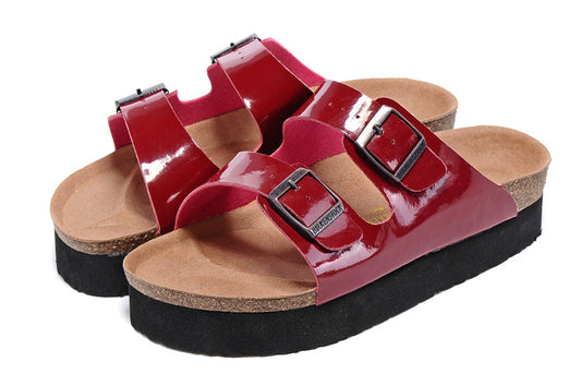 Birkenstock Two-Button Red Patent Leather Thick Black Sole Slippers