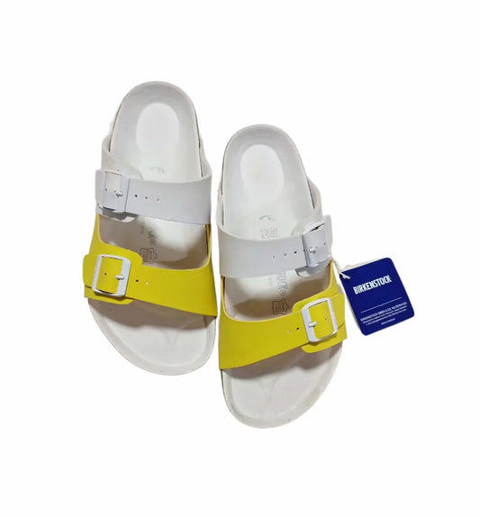Birkenstock Two-Button White Yellow Double Color Scrub Leather Slippers