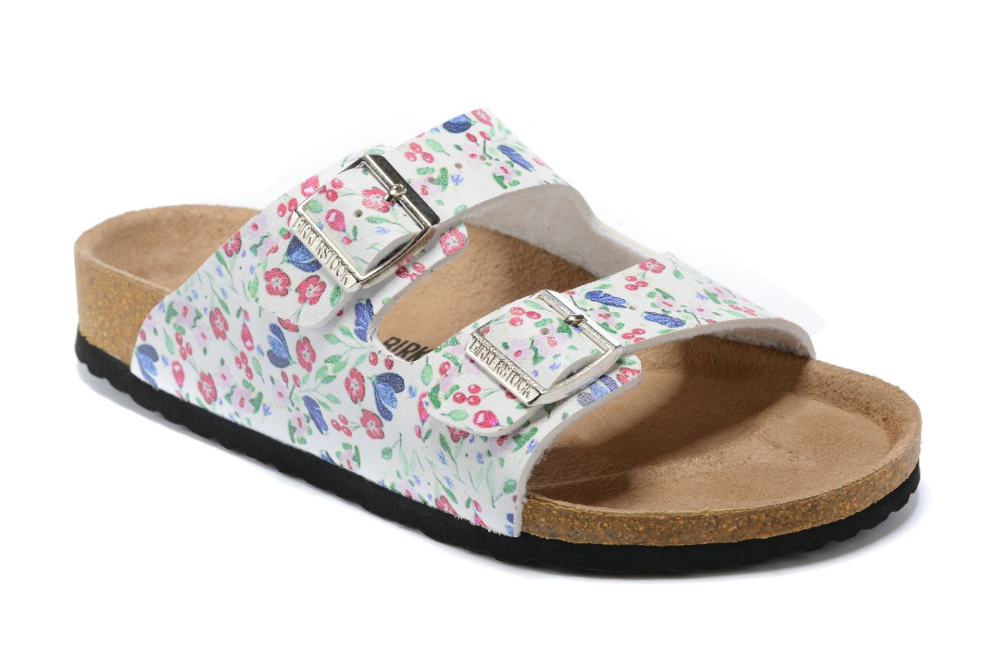 Birkenstock Two-Button White Floral Matte Leather Slippers