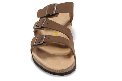 Birkenstock Three-Button Brown Scrub Leather Casual Sandals
