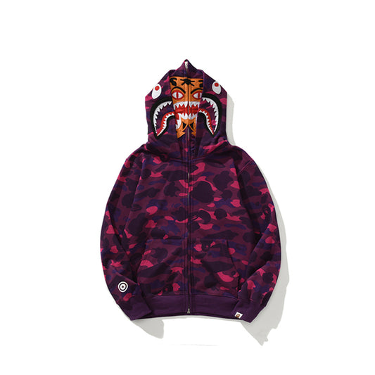 A Bathing Ape BAPE Shark Head Tiger Head Joint Edition Double Hat Camouflage Purple Hoodie