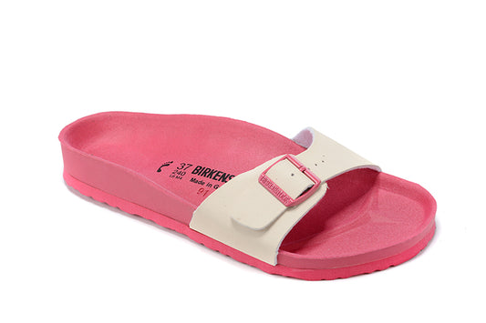 Birkenstock Single Button White Matte Leather Pink Sole Slippers