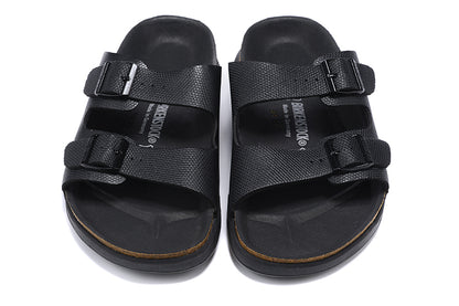 Birkenstock Two-Button Pure Black Casual Leather Slippers