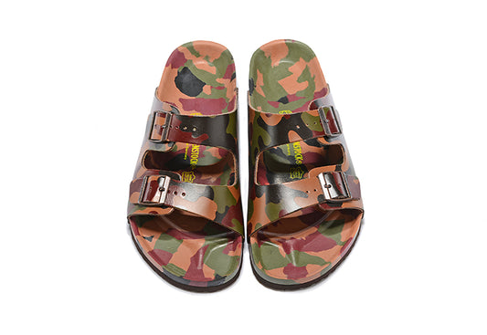 Birkenstock Two-Button Pure Brown Camouflage Matte Leather Slippers