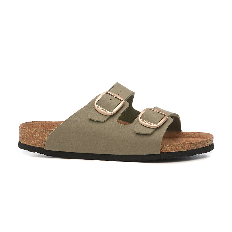 Birkenstock Two-Button Grayish Green Scrub Leather Casual Slippers