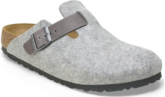 Birkenstock Boston 1026149 Natural Leather Felt Light Grey Covered-Toe Slippers