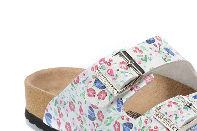 Birkenstock Two-Button White Floral Matte Leather Slippers