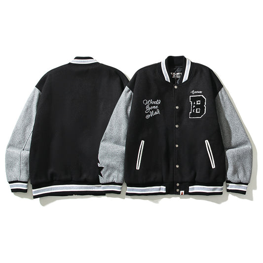A Bathing Ape Embroidered STA Star Patchwork Tweed Jacket Baseball Jacket Black