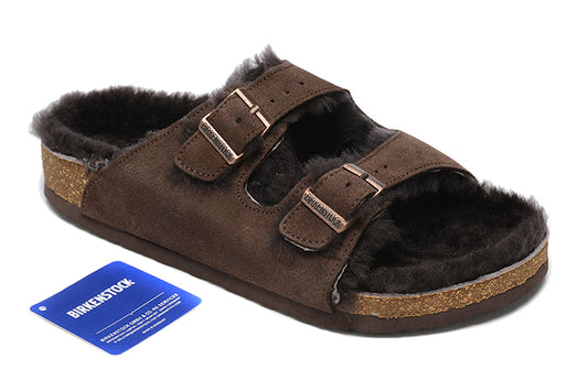 Birkenstock Two-Button Brown Scrub Leather Black Fur Lining Slippers