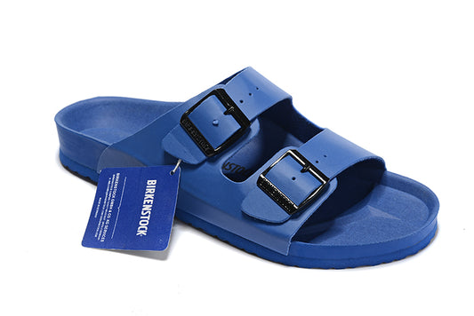 Birkenstock Two-Button Navy Matte Leather Slippers